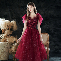 Toast clothing bride wedding 2022 new summer red mid-length dress foreign temperament engagement female high-end texture