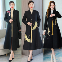 Vintage ethnic style embroidery large size jacket Tang warm wool loose knee length cheongsam coat autumn and winter clothing