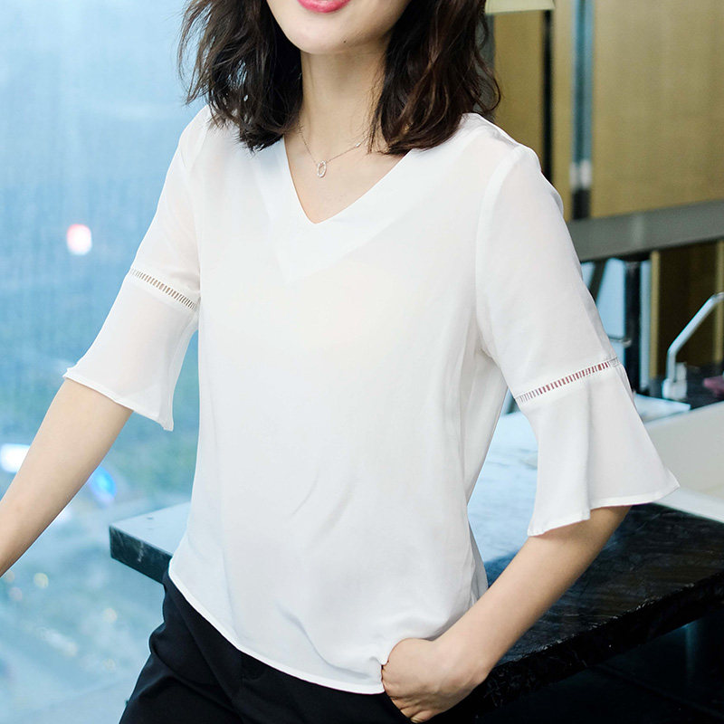 简约 桑蚕丝上衣荷叶边中袖白色v领真丝衬衫女士衬衣夏季2017新款