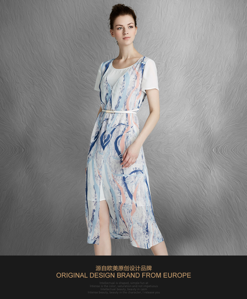 chloe的品牌顏色 顏域品牌女裝2020夏裝新款休閑假兩件雪紡透氣開叉印花連衣裙女夏 chloe品牌