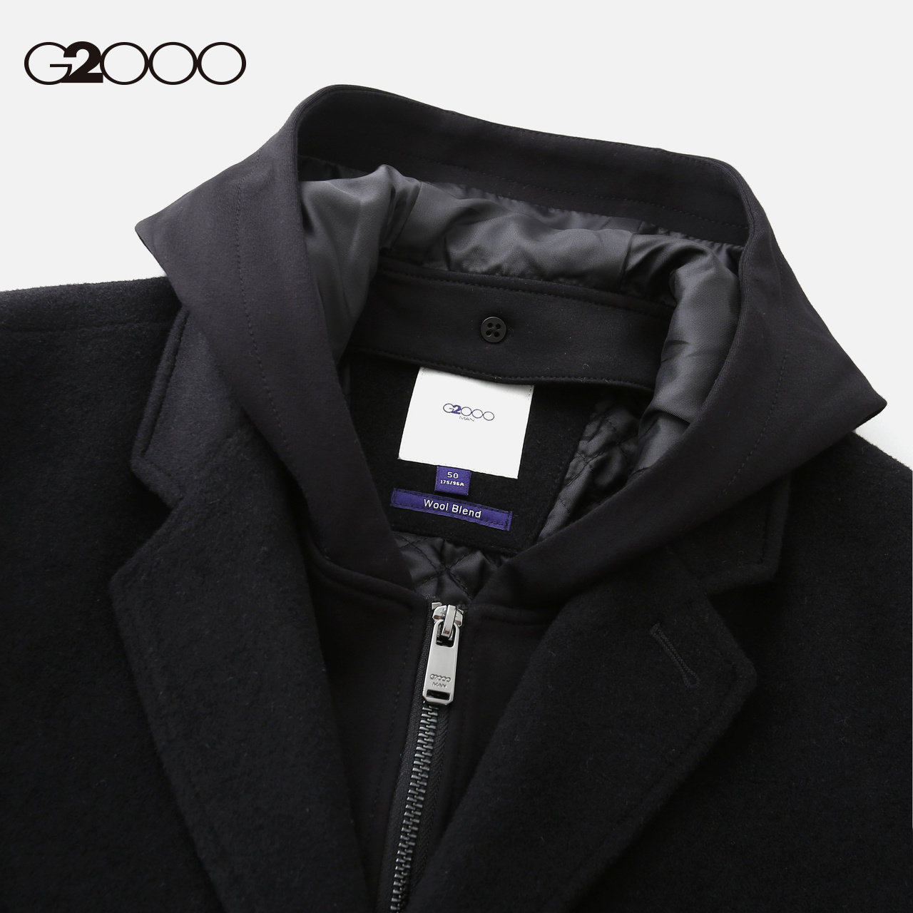 g2000男装中长款黑色毛呢大衣 新款时尚连帽羊毛外套