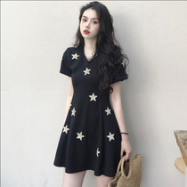 Small sub Hepburn pure color Snow spinning with dress Women Summer and Korean version Short sleeves Slim Fit Sexy V Collar Plexu Dress