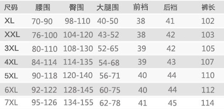 新增3xl 码高体型  裤长120cm,适合身高188-2米1的人穿臀围110
