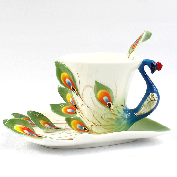 陶瓷水杯 家居摆设 孔雀咖啡杯 珐琅瓷 生日礼物 情侣对杯