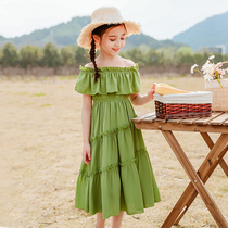 Girls shoulder shoulder shoulder dress summer new 2021 Korean version of childrens foreign style skirt big child over knee long skirt