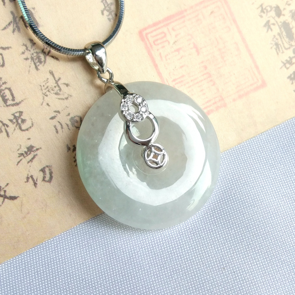 s925银镶翡翠平安扣吊坠锁骨项链天然a货镶嵌冰种玉坠礼物女