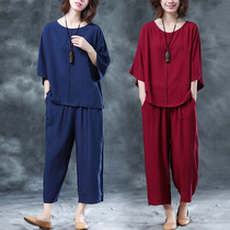 Summer fat mm size cotton linen suit women fashion temperament slim top casual wide leg pants linen two-piece tide