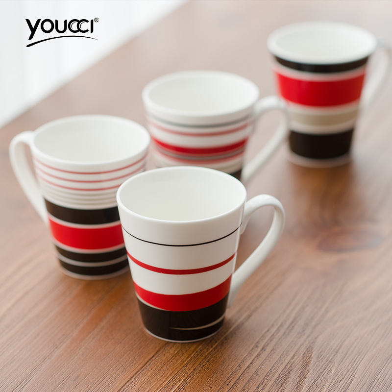 youcci悠瓷 黑白红条纹陶瓷杯 4件套装家用办公室茶水杯马克杯子产品展示图5