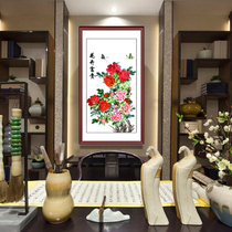 Su embroidered finished vertical version Xuanguan decorative embroidery with frame finished product imitation handmade true silk embroidery Mudan flowers open rich and expensive