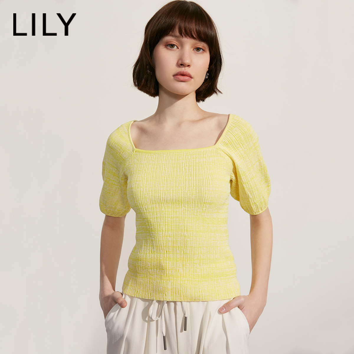 LILY2020夏新款女装气质方领泡泡袖收腰薄针织套头衫120250B8390,降价幅度49%