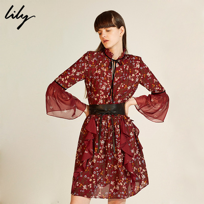 Lily2017 autumn new women retro floral seven-sleeve chiffon dress 117330C7246