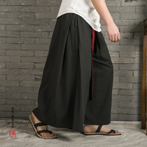 Men's summer linen trousers loose and wide legs nine-point pants Chinese feng dance skirt trend casual cotton male pants