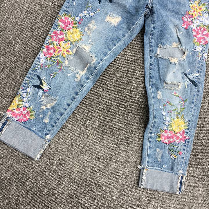 gucci刺繡牛仔褲a貨 超然牛仔褲2020春新款bf翻邊繡花九分褲寬松垮褲刺繡破洞牛仔褲女 gucci牛仔褲