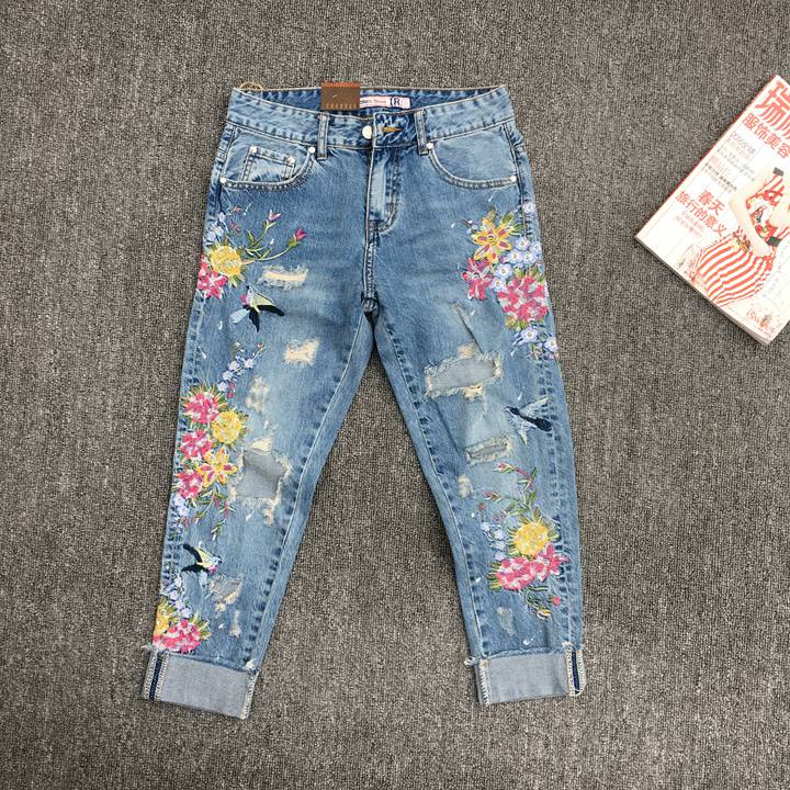 gucci刺繡牛仔褲a貨 超然牛仔褲2020春新款bf翻邊繡花九分褲寬松垮褲刺繡破洞牛仔褲女 gucci牛仔褲
