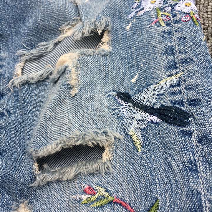 gucci刺繡牛仔褲a貨 超然牛仔褲2020春新款bf翻邊繡花九分褲寬松垮褲刺繡破洞牛仔褲女 gucci牛仔褲