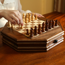 Chess high-end solid wood magnetic set drawer walnut chess board for children and primary school students chess