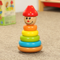 Large number of wooden rainbow towers clowns stacked with high volume wooden coloured layers laminated tumbler Toys 1-2-3 years old
