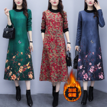 Autumn and winter retro large size velvet thickened warm dress womens ethnic wind printing medium-long half-high collar base skirt