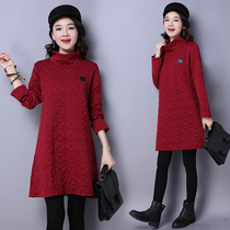 2019 autumn and winter clothing literary large size loose padded turtleneck sweater base shirt womens medium-long jacquard dress thick