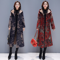 Winter ethnic wind buckle large size loose velvet thickened warm coat womens retro printed hooded wool coat