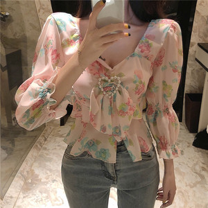 Bow tie lace up slim sexy thin Ruffle Chiffon Top