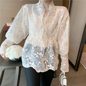 Embroidered lace up Mock Neck Shirt