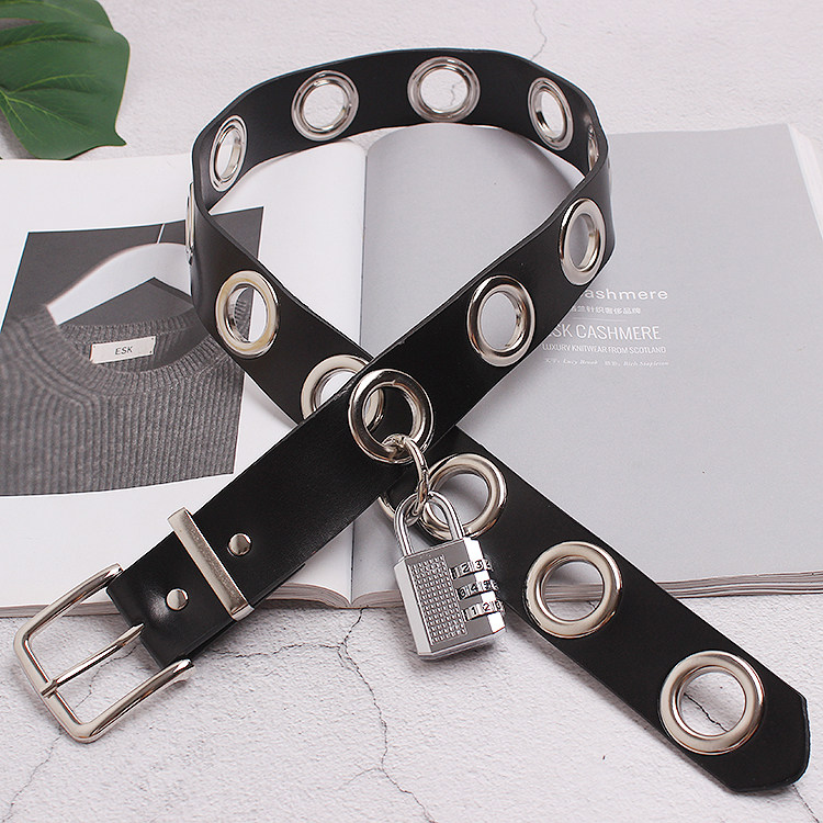 2020新款大气眼单拍镂空金属圆环皮带密码锁头挂饰可拆卸裤带