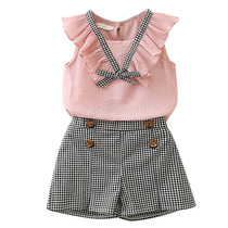2021 summer childrens clothing new Korean girl chiffon vest Plaid hot pants two-piece set childrens suit Foreign