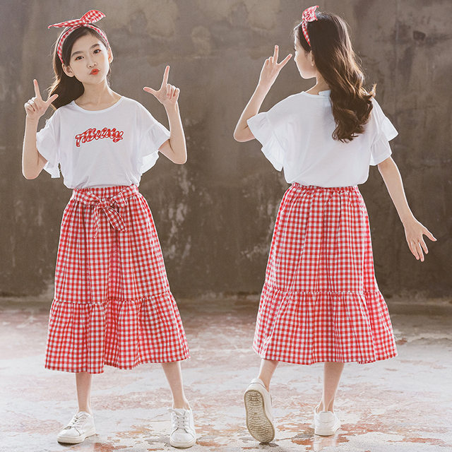 Girls summer T-shirt plaid skirt suit big boy lotus leaf sleeve top half-length skirt pure cotton fresh two-piece set Girls summer T-shirt plaid skirt suit big boy lotus leaf sleeve top half-length skirt pure cotton fresh two-piece set