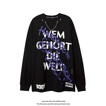 ROME Guochao High Street with necklace Dark Black Lovers Compassionate Tide overfire blouse Hip Hains Long Sleeve T-Shirt Male Tide