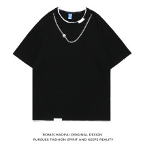 ROME European and America High Street Lower Breaking Hole with Loose Short Sleeve Male Tide Card Hip Hop Pure Ribbon Necklace Chain Half Sleeve T-shirt