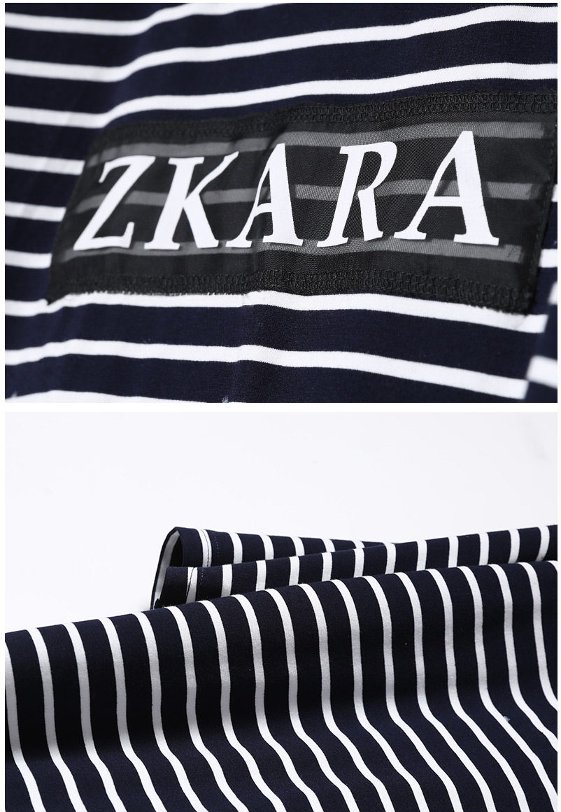 zk条纹拼接字母印花t恤女装夏季上衣百搭体恤衣服潮2016