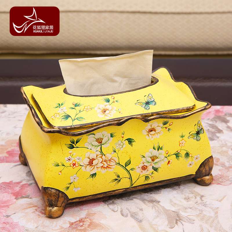 American pastoral ceramic tissue box European sitting room adornment is placed between example creative painting of flowers and tea table smoke box