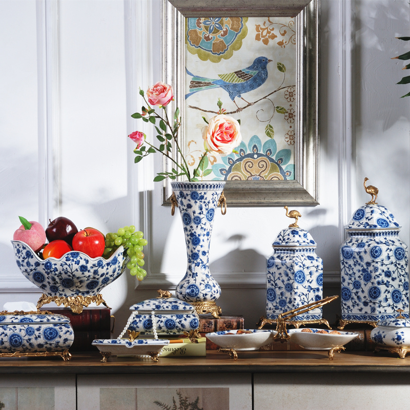 Spend the fox new Chinese style classic blue and white porcelain with copper fruit bowl basin of I sitting room home furnishing articles of dried fruit