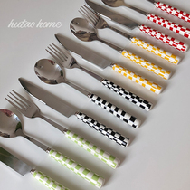ins wind Japan-ROK irregular chessboard lattice knife fork spoon western dining cutlery suit steak knife color stainless steel