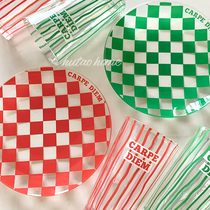 Original homemade colour Chessboard Lattice Striped Glass cup disc Cold Drink cup Shara disc sweet pint Water Fruit tray