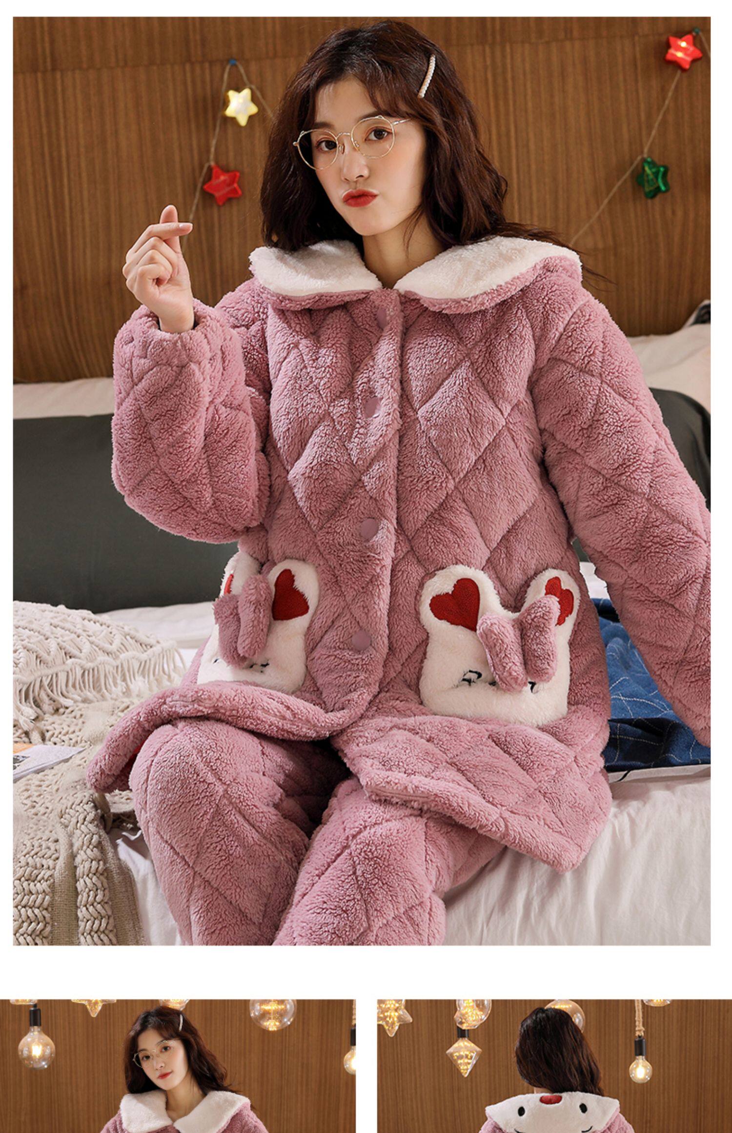 睡衣女秋冬季珊瑚绒夹棉三层加厚夹棉袄套装保暖法兰绒可爱家居服