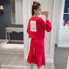 实拍2017韩版女装秋装新款显瘦印花开衩两件时尚套装