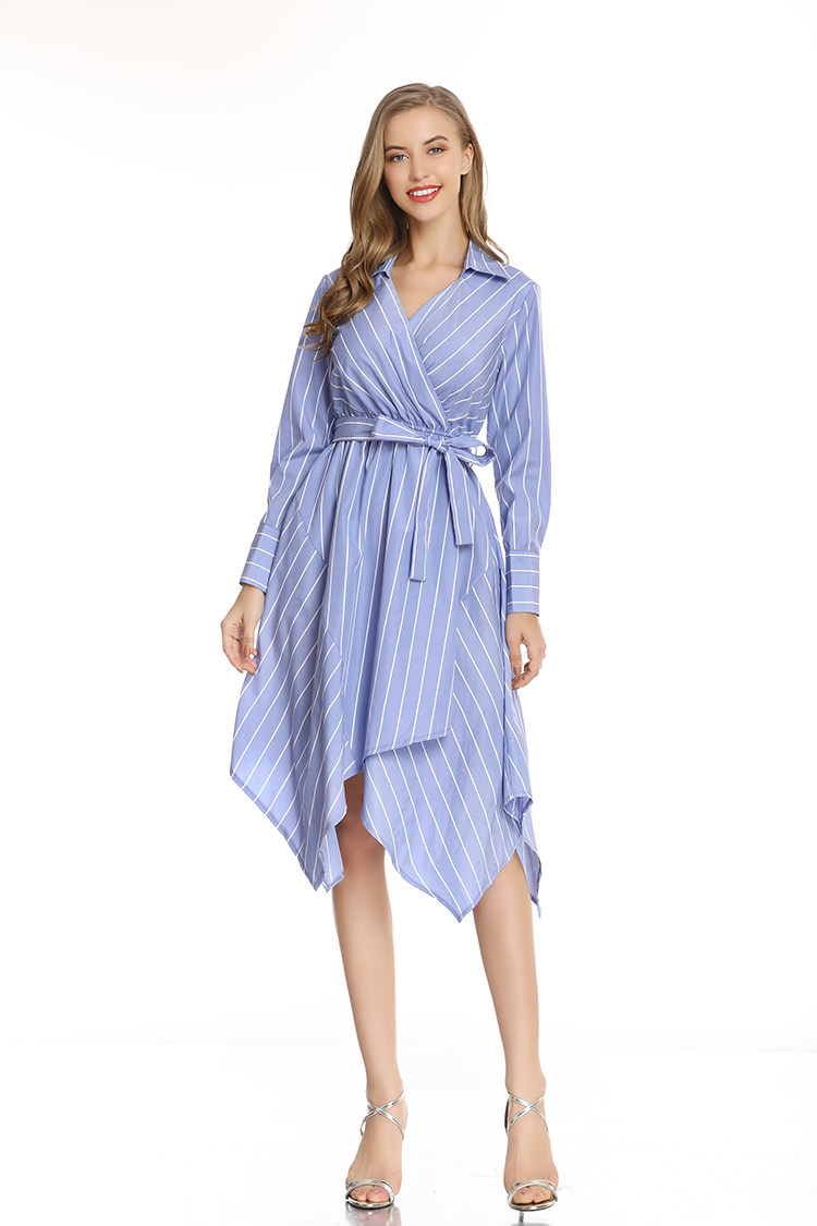 2051#春装新款蓝白条纹衬衫裙子女时尚气质开叉长裙慵懒风连衣裙