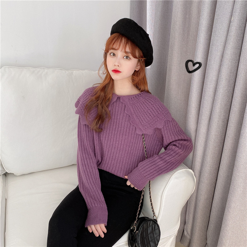 新款娃娃领毛衣女2021秋冬季百搭甜美翻领花边加厚打底上衣_朵儿女装