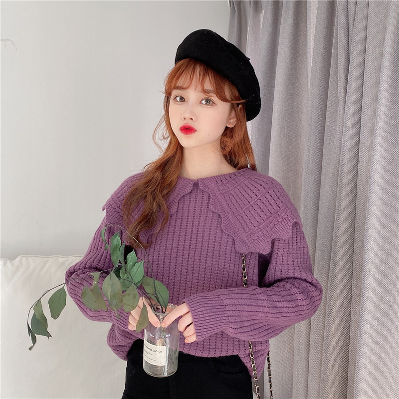 新款娃娃领毛衣女2021秋冬季百搭甜美翻领花边加厚打底上衣_朵儿女装