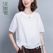 Flower Lulu cotton linen female 2021 New Style Belly Belly Lady middle-aged mother Ramie short sleeve t-shirt