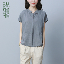 Cotton linen coat women 2021 new summer womens half-sleeve short casual middle-aged mother linen short sleeve t-shirt