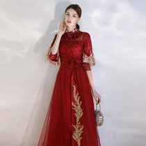 Cheongsam toast brides 2021 new beautiful clothes Chinese style wine red wedding slim back dress female autumn