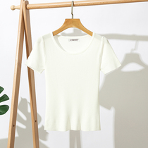 Ice silk sweater womens short-sleeved 2021 summer thin section with slim short section with skirt top white base shirt