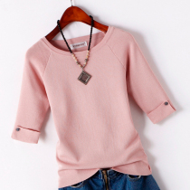 Middle sleeve ice silk sweater womens pullover summer short thin five-point sleeve slim slim sexy short-sleeved base shirt