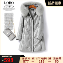 Down jacket Womens medium length Thickened Fox Fur Collar Big Code Leather Dress Woman Genuine Leather Spring Autumn Cotton Leather Coat White Duck Suede