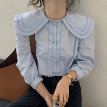 Korean chic gentle milk soft blue doll collar organ pleated design Edging buckle loose bubble sleeve shirt top