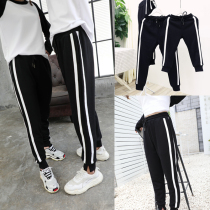 2020 autumn and winter parent-child shipping sports pants Pure cotton one family three black drawstring casual pants velvet thickened pants