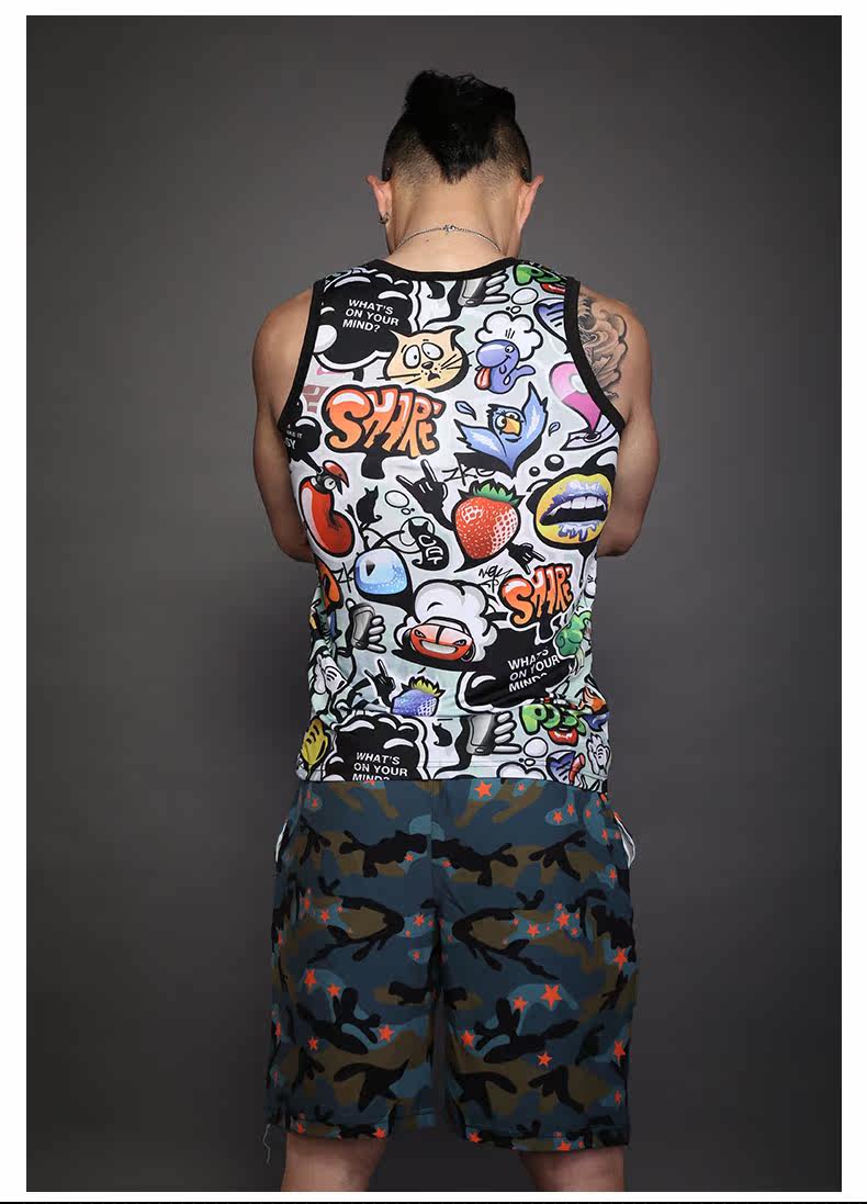 2017新款个性印花涂鸦背心迷彩羽毛沙滩休闲无袖宽肩t恤男大码_7折
